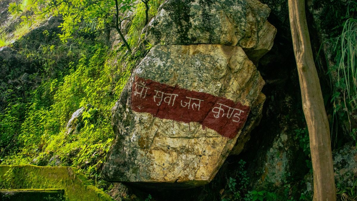 A large rock with Hindi inscription amidst lush greenery in Uttarakhand, India.